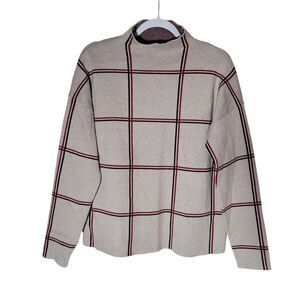Tahari Mock Neck Sweater Women's Size XL Beige Red Black Windowpane Plaid Preppy